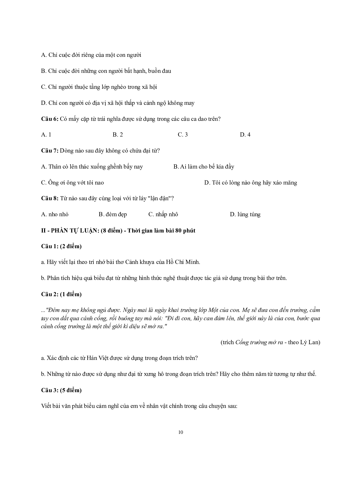 Đề thi Học kì 1 môn Ngữ Văn lớp 7 có đáp án (15 đề) (trang 10)