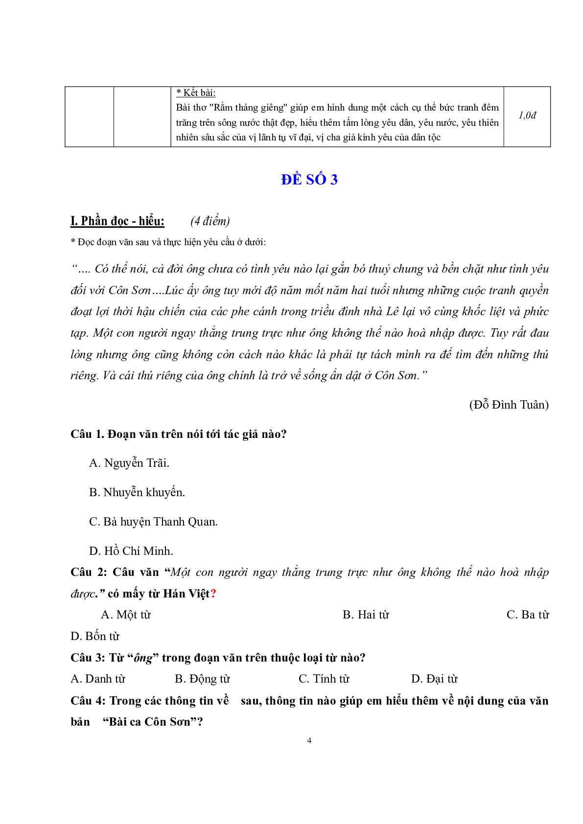 Đề thi Học kì 1 môn Ngữ Văn lớp 7 có đáp án (15 đề) (trang 4)