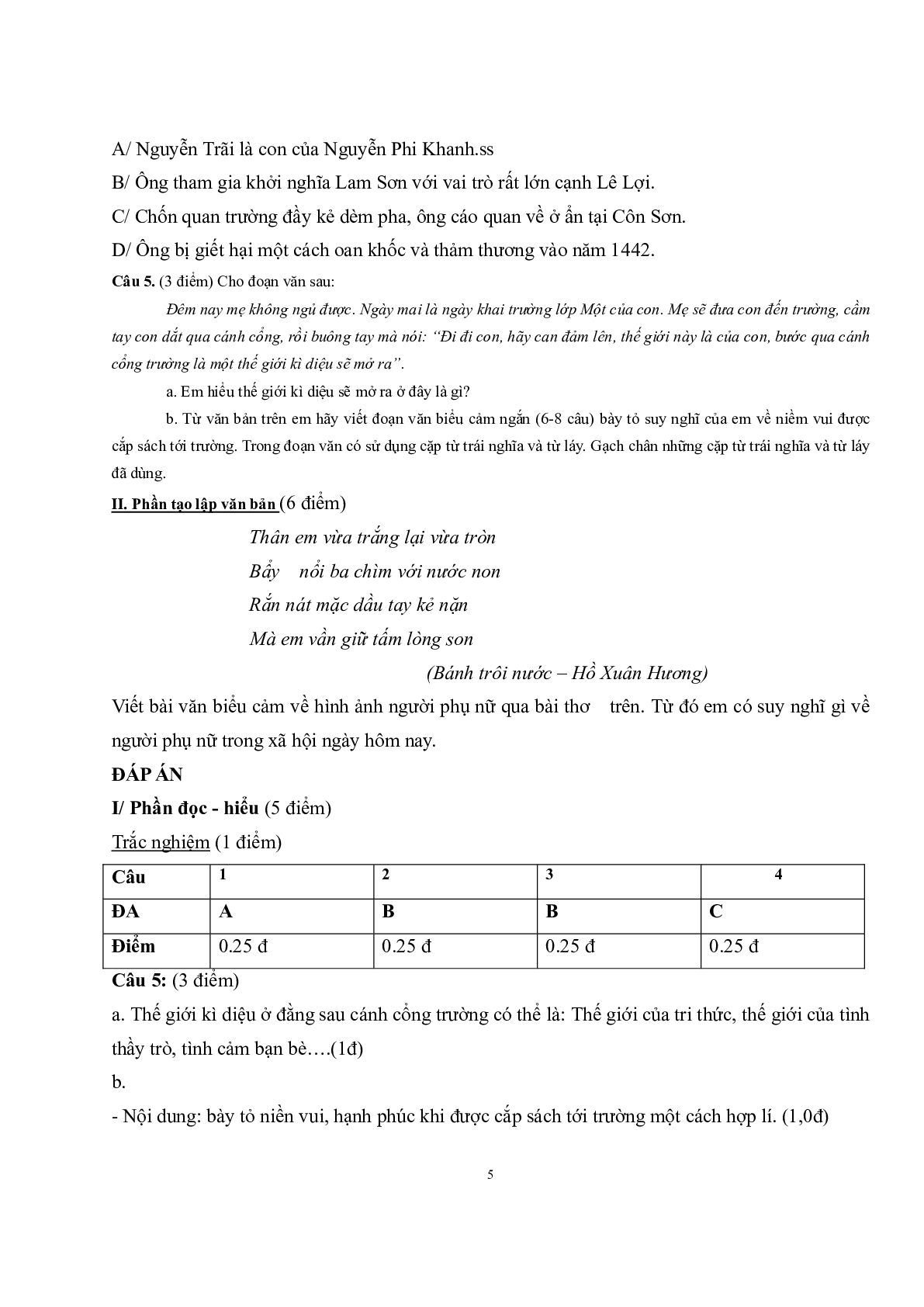 Đề thi Học kì 1 môn Ngữ Văn lớp 7 có đáp án (15 đề) (trang 5)