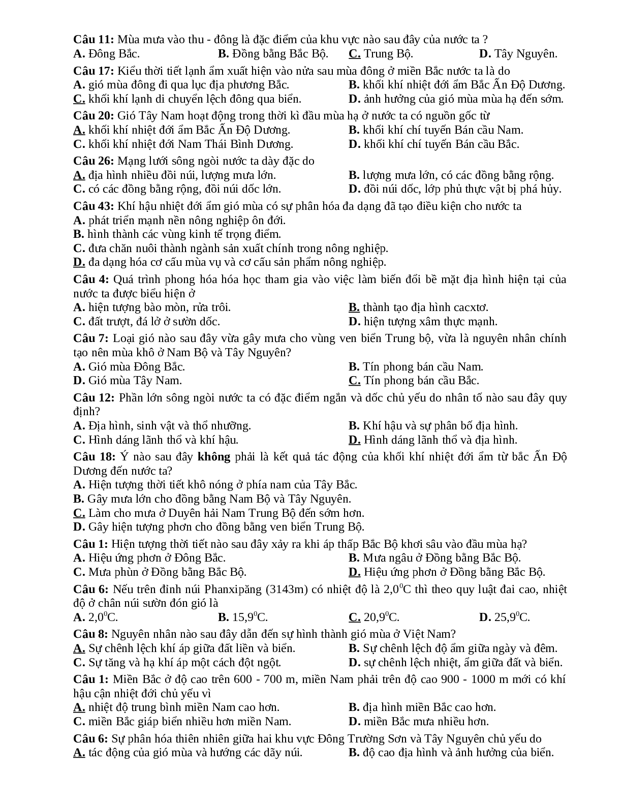 70 câu trắc nghiệm Địa Lí 12 chọn lọc, có đáp án (trang 7)
