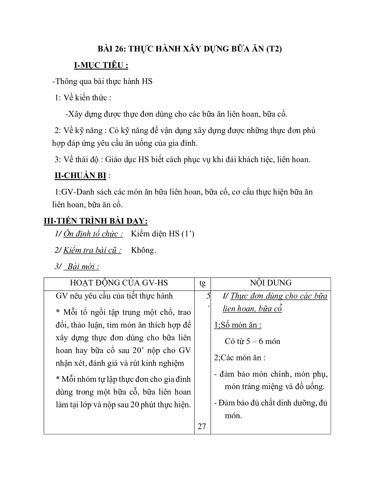 GIÁO ÁN CÔNG NGHỆ 6 BÀI 26: THỰC HÀNH XÂY DỰNG BỮA ĂN (T2) MỚI NHẤT – CV5555 (trang 1)