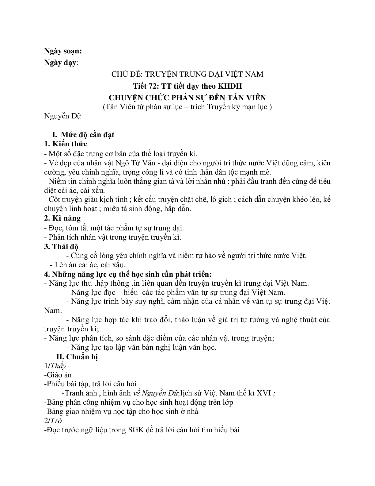 Giáo án ngữ văn lớp 10 Tiết 72: Trả bài viết số 5 chuyện chức đền Tản Viên (trang 1)