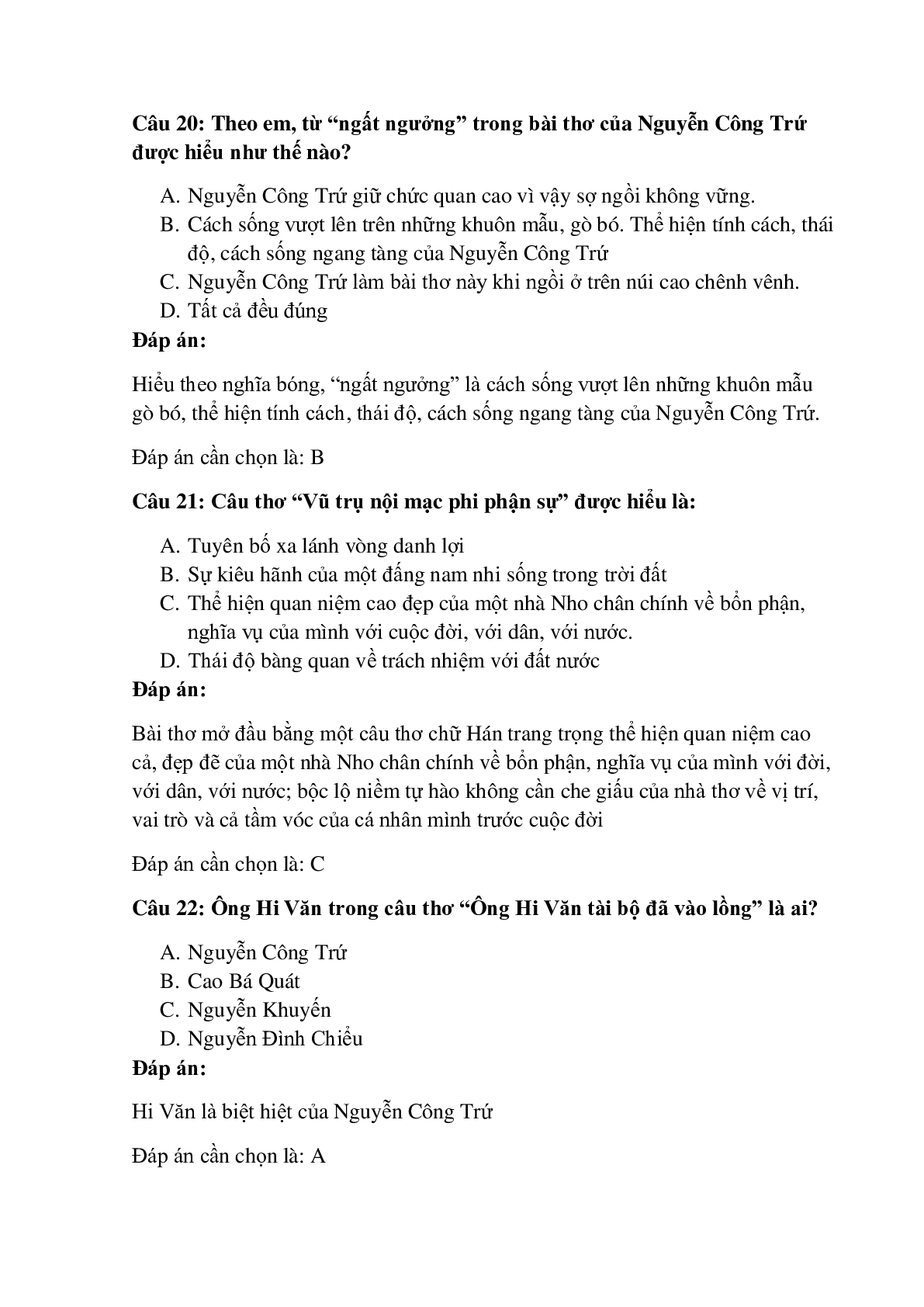 39 câu Trắc nghiệm Bài ca ngất ngưởng (Nguyễn Công Trứ) có đáp án 2023 – Ngữ Văn lớp 11 (trang 9)