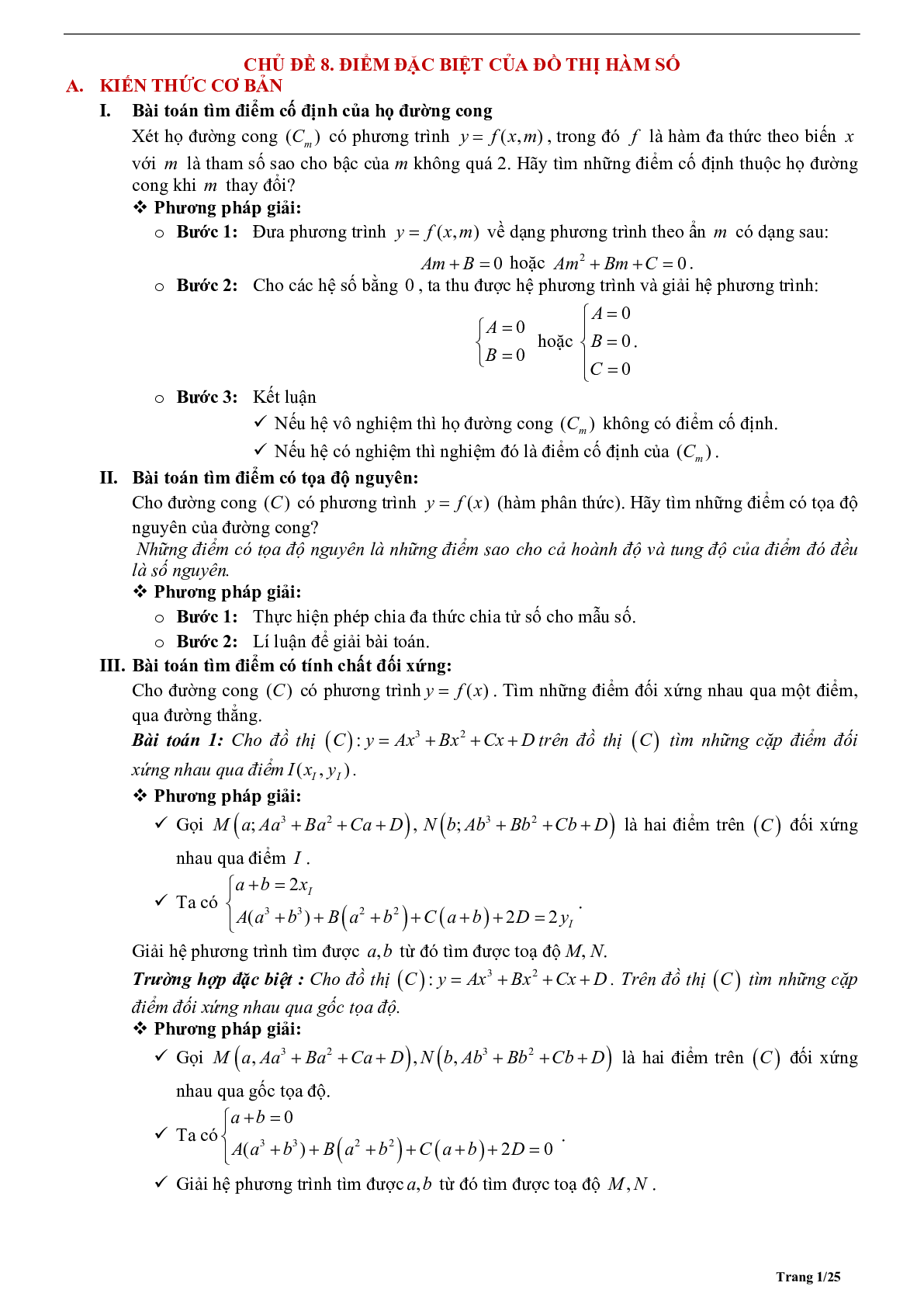 Tóm tắt lý thuyết và bài tập trắc nghiệm về điểm đặc biệt của đồ thị hàm số (trang 1)