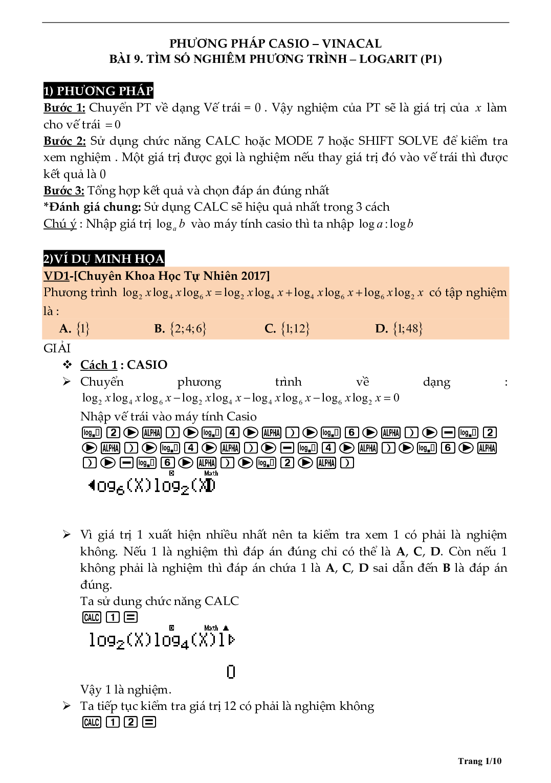 Tìm số nghiệm phương trình bằng máy tính môn Toán lớp 10 (trang 1)