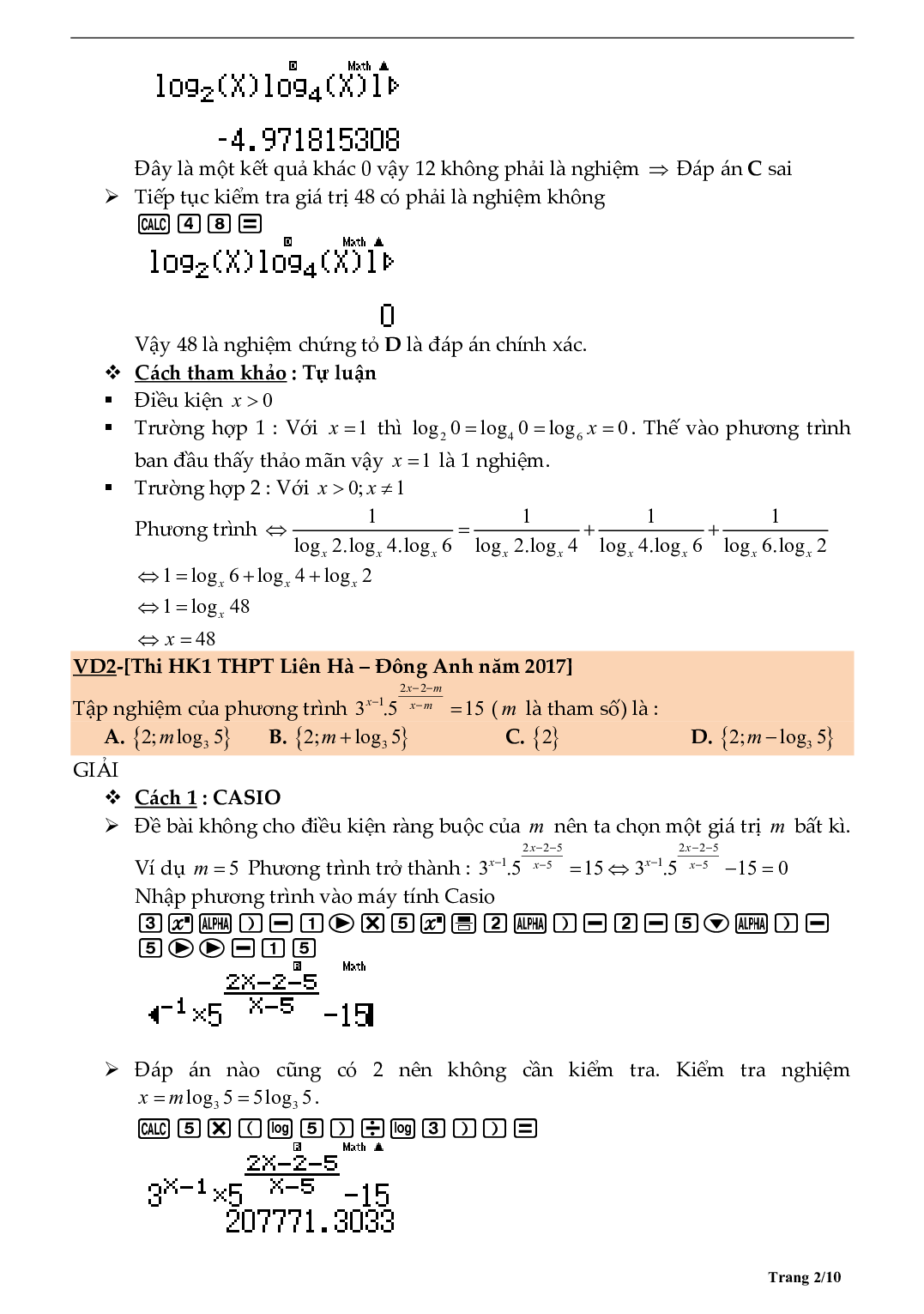 Tìm số nghiệm phương trình bằng máy tính môn Toán lớp 10 (trang 2)