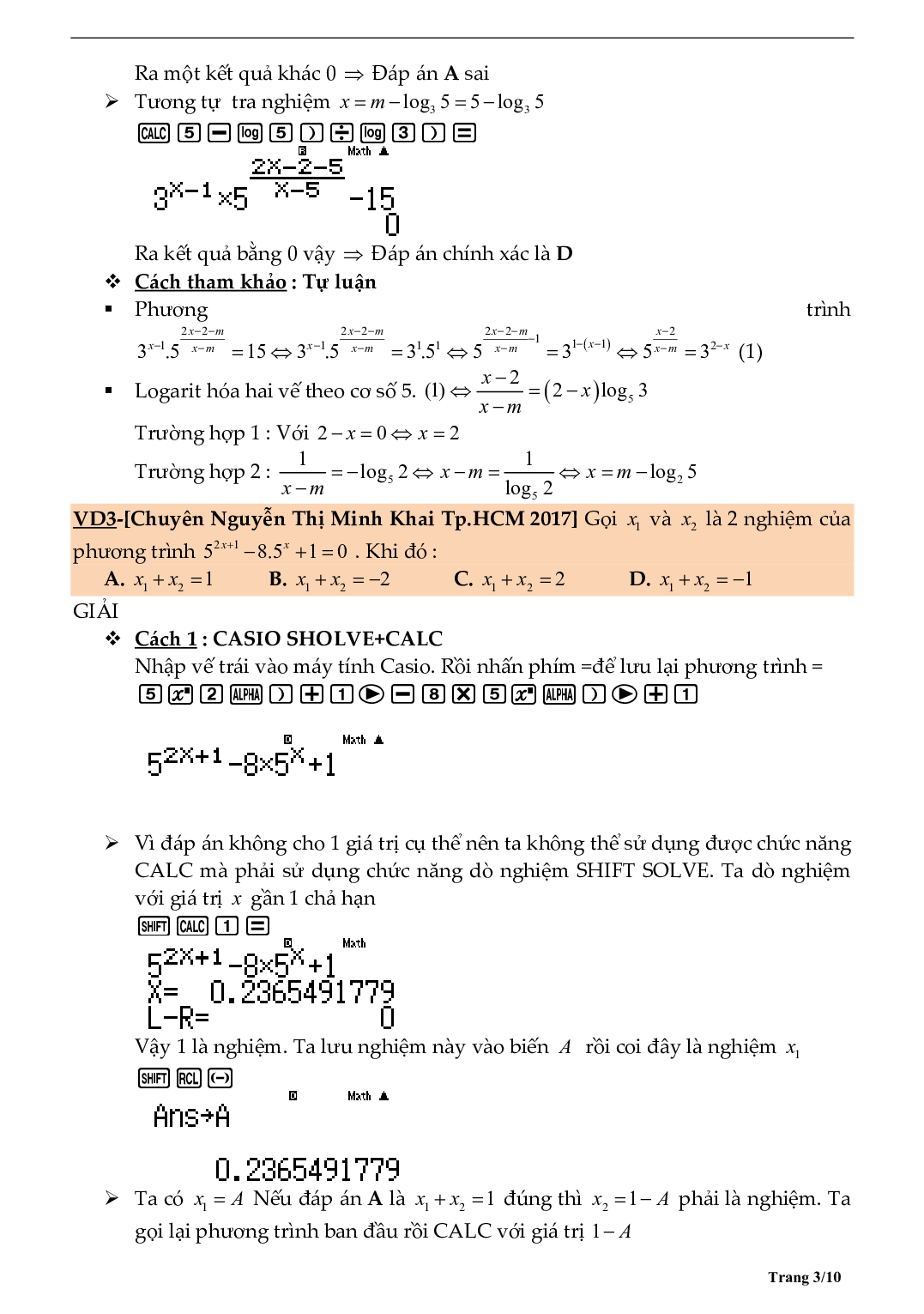 Tìm số nghiệm phương trình bằng máy tính môn Toán lớp 10 (trang 3)