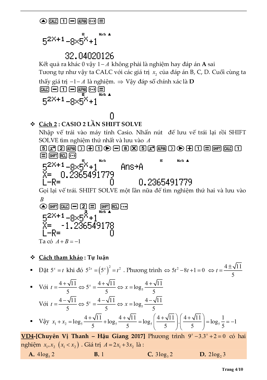 Tìm số nghiệm phương trình bằng máy tính môn Toán lớp 10 (trang 4)