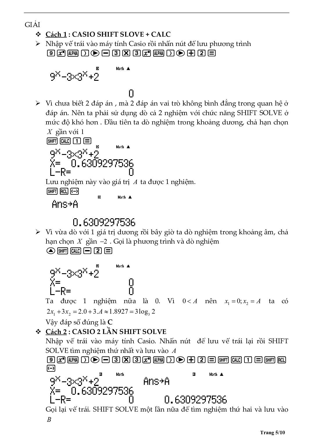 Tìm số nghiệm phương trình bằng máy tính môn Toán lớp 10 (trang 5)