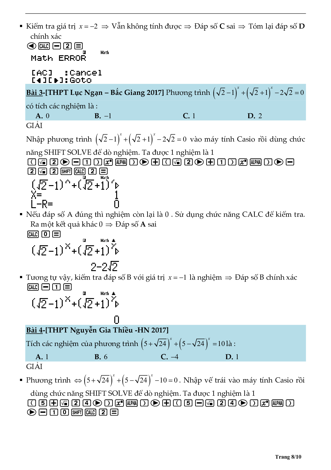 Tìm số nghiệm phương trình bằng máy tính môn Toán lớp 10 (trang 8)