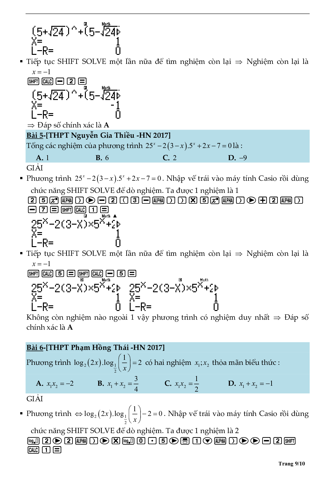 Tìm số nghiệm phương trình bằng máy tính môn Toán lớp 10 (trang 9)