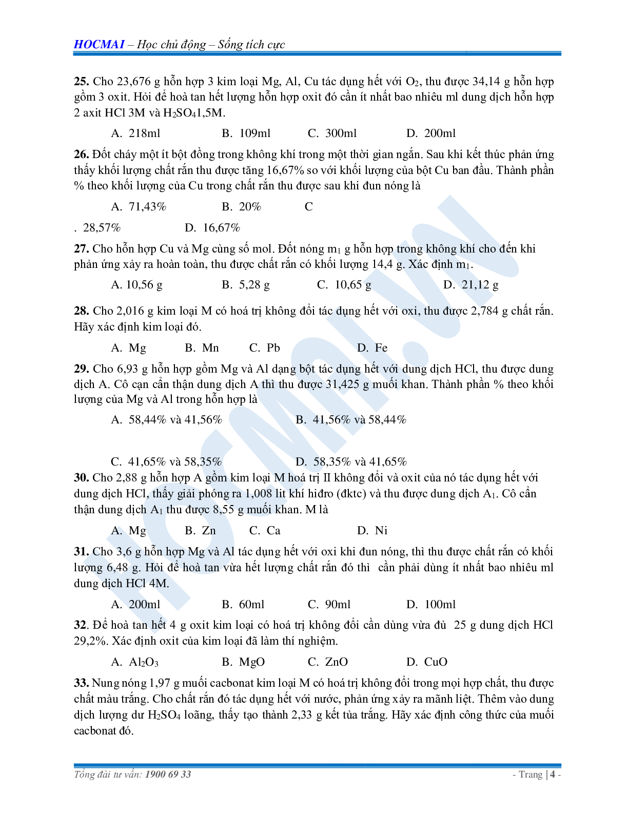 Bài tập trắc nghiệm môn Hóa học ôn thi vào 10 (trang 4)