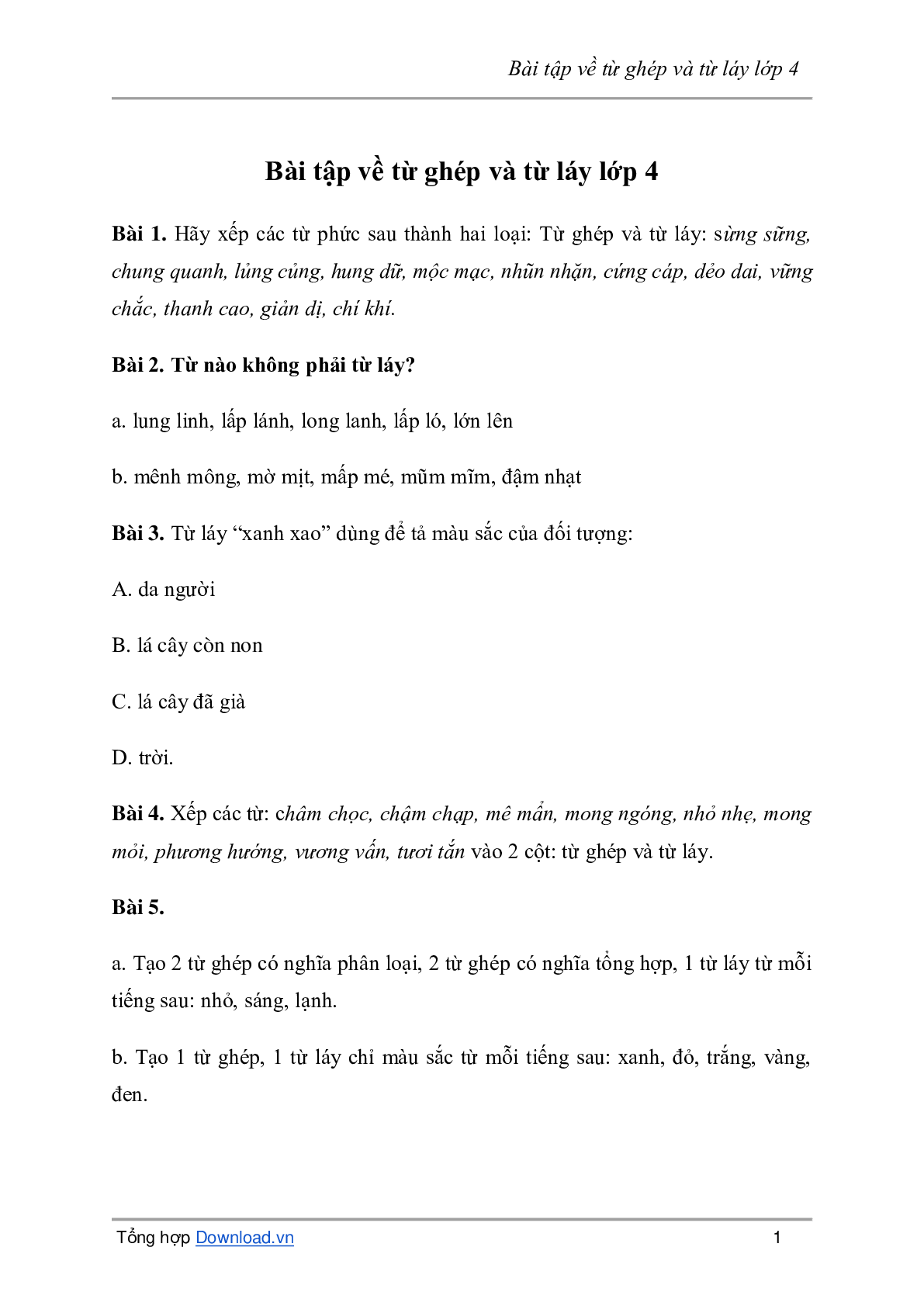 Bài tập về từ ghép và từ láy môn Tiếng Việt lớp 4 có đáp án (trang 1)