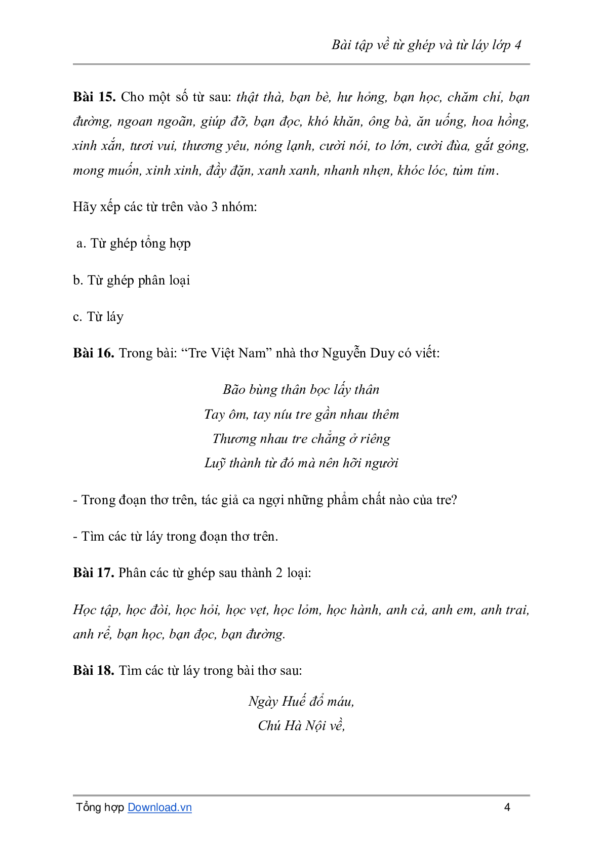 Bài tập về từ ghép và từ láy môn Tiếng Việt lớp 4 có đáp án (trang 4)
