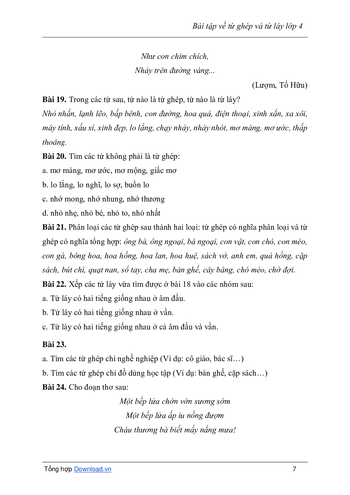 Bài tập về từ ghép và từ láy môn Tiếng Việt lớp 4 có đáp án (trang 7)