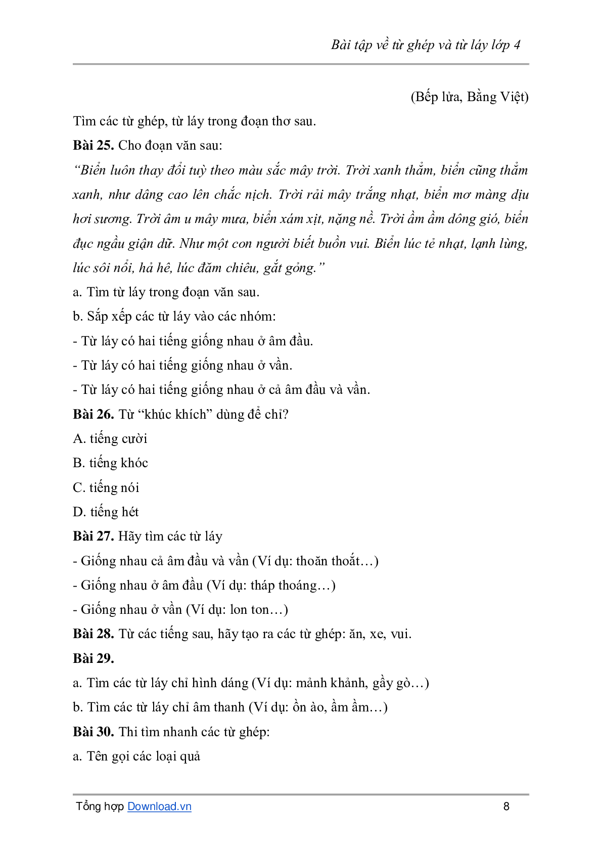 Bài tập về từ ghép và từ láy môn Tiếng Việt lớp 4 có đáp án (trang 8)