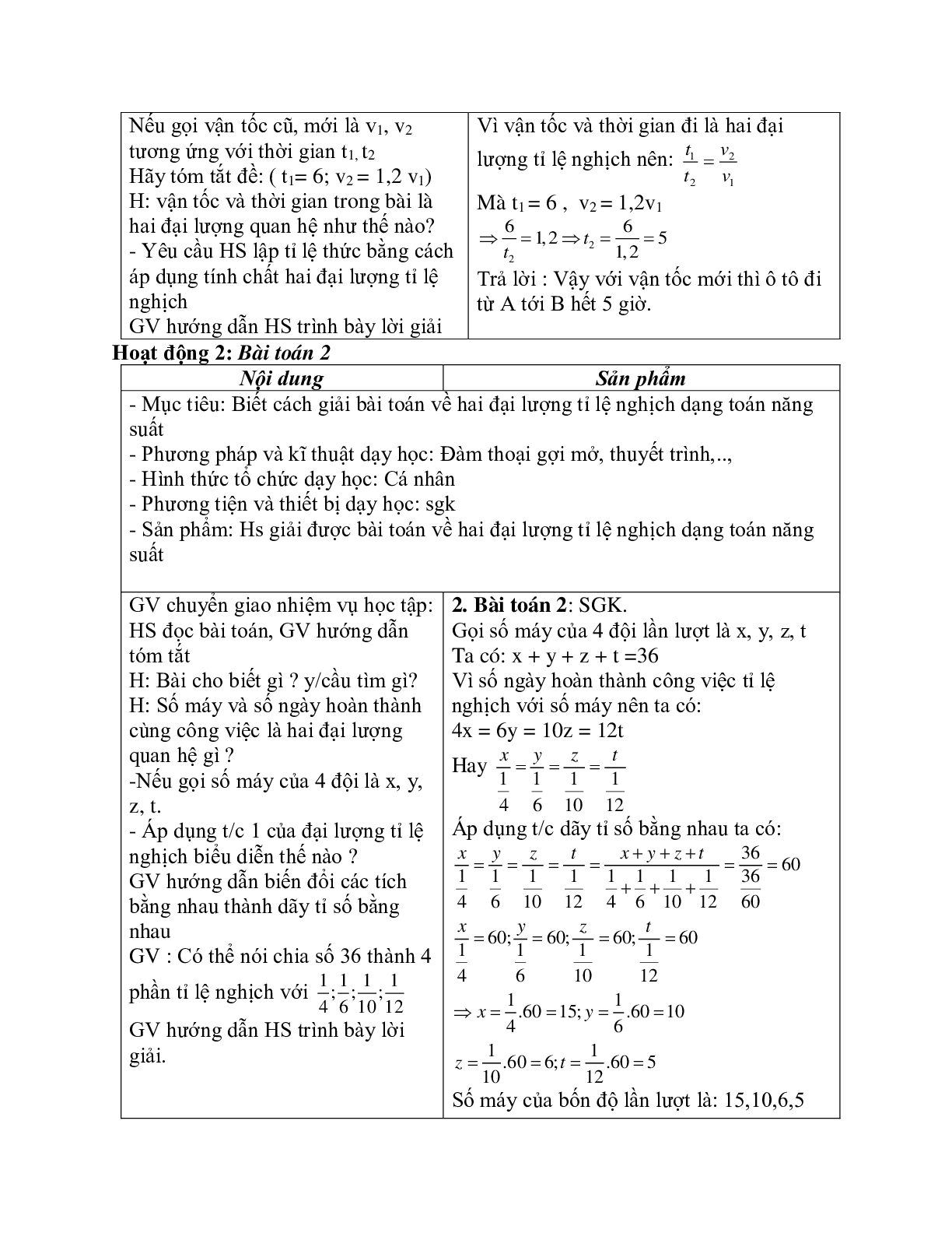 Giáo án Toán học 7 bài 4: Một số bài toán về đại lượng tỉ lệ nghịch chuẩn nhất (trang 2)