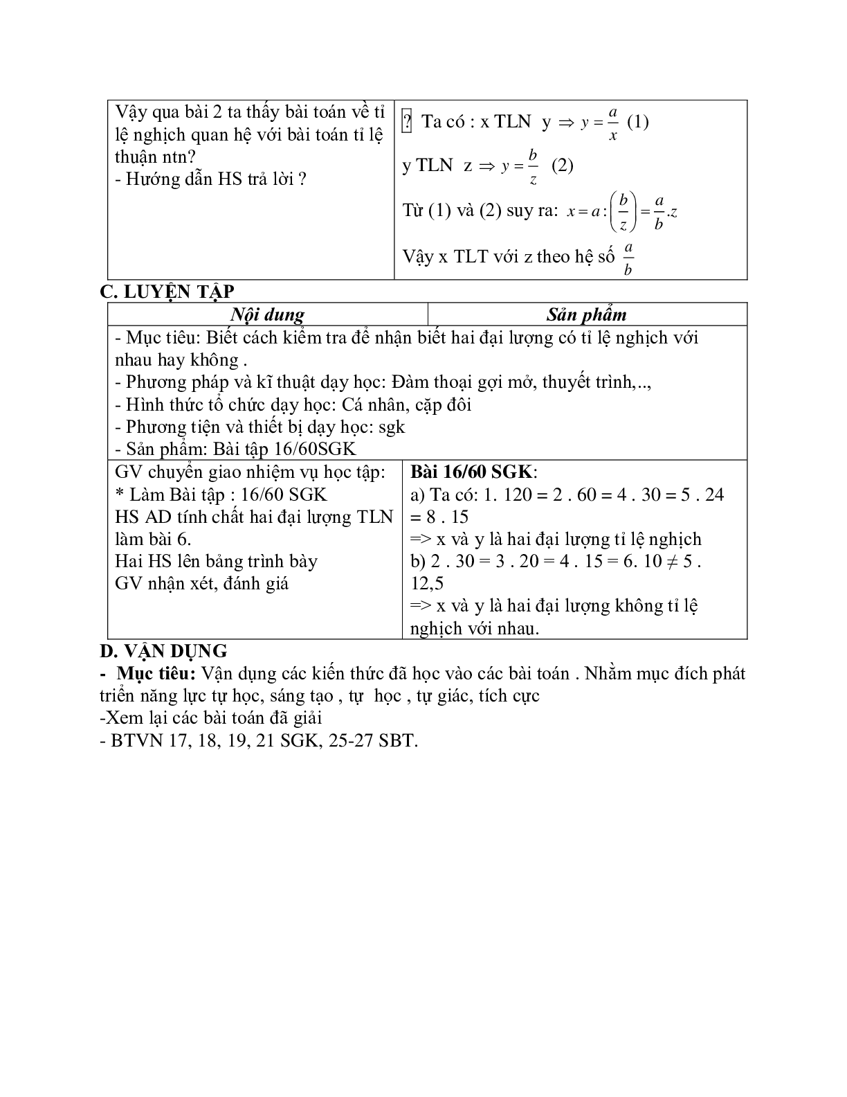 Giáo án Toán học 7 bài 4: Một số bài toán về đại lượng tỉ lệ nghịch chuẩn nhất (trang 3)