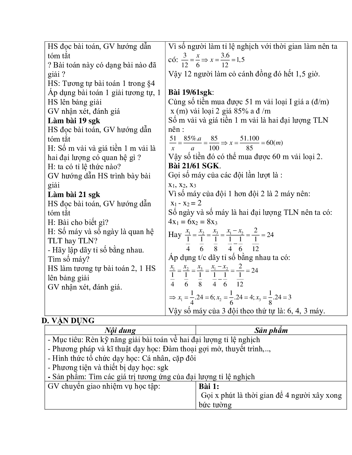 Giáo án Toán học 7 bài 4: Một số bài toán về đại lượng tỉ lệ nghịch chuẩn nhất (trang 5)