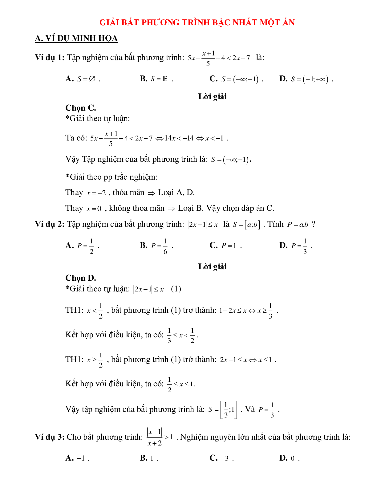 Bài tập giải bất phương trình bậc nhất một ẩn Toán 10 (trang 1)