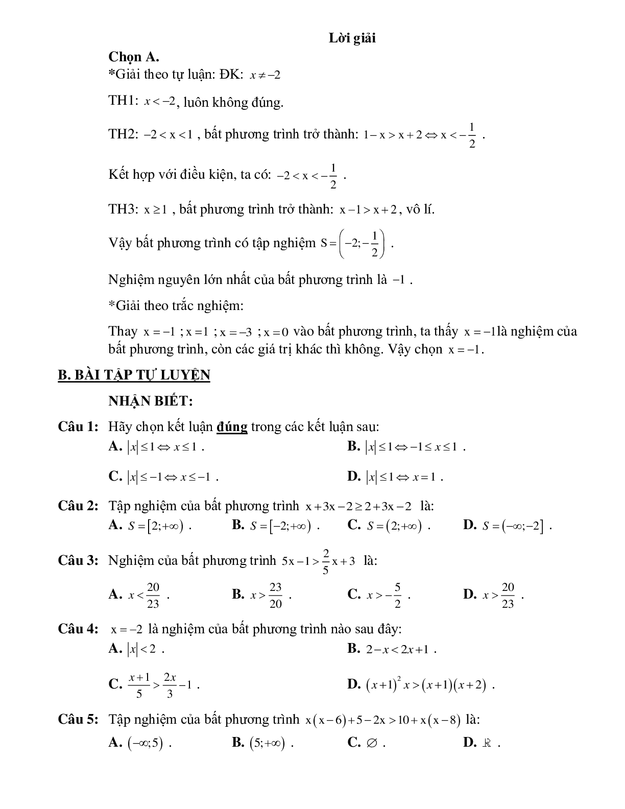 Bài tập giải bất phương trình bậc nhất một ẩn Toán 10 (trang 2)