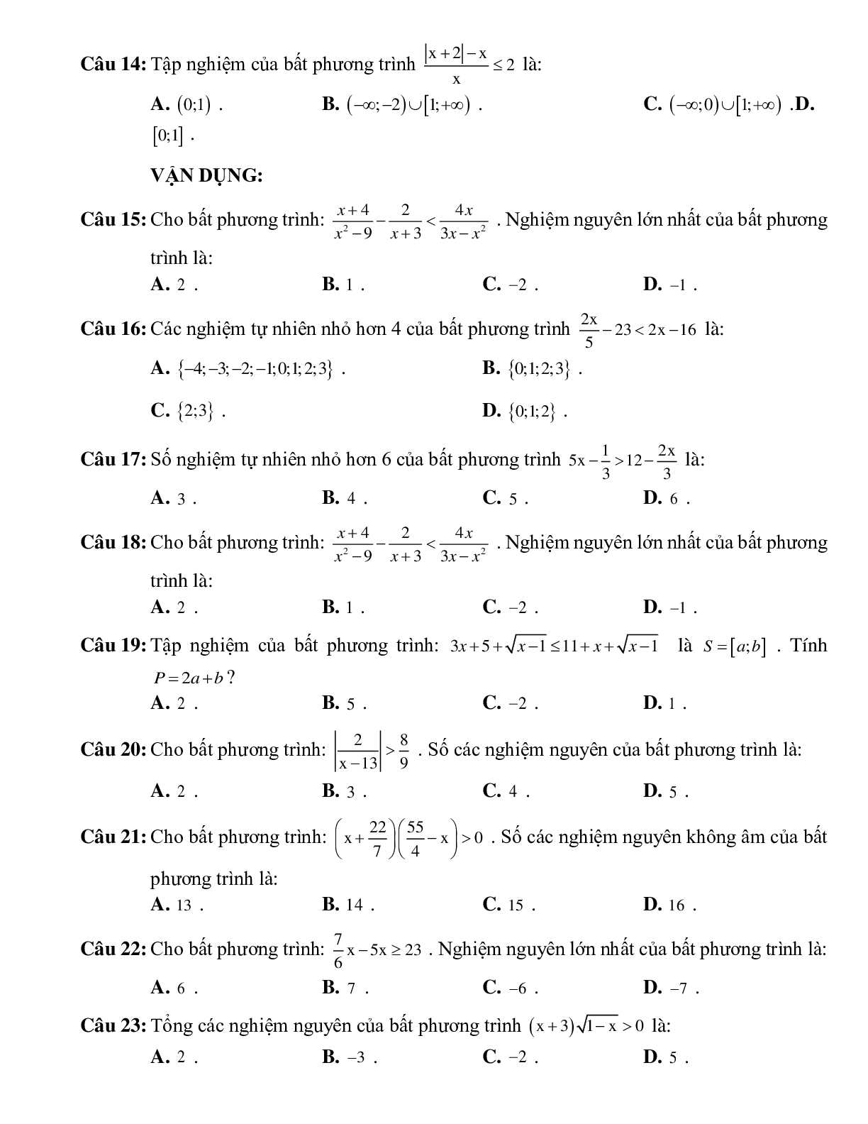 Bài tập giải bất phương trình bậc nhất một ẩn Toán 10 (trang 4)