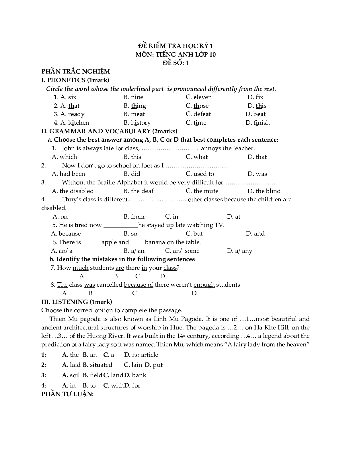 Đề kiểm tra Tiếng Anh 10 học kỳ 1 (có đáp án) (trang 1)