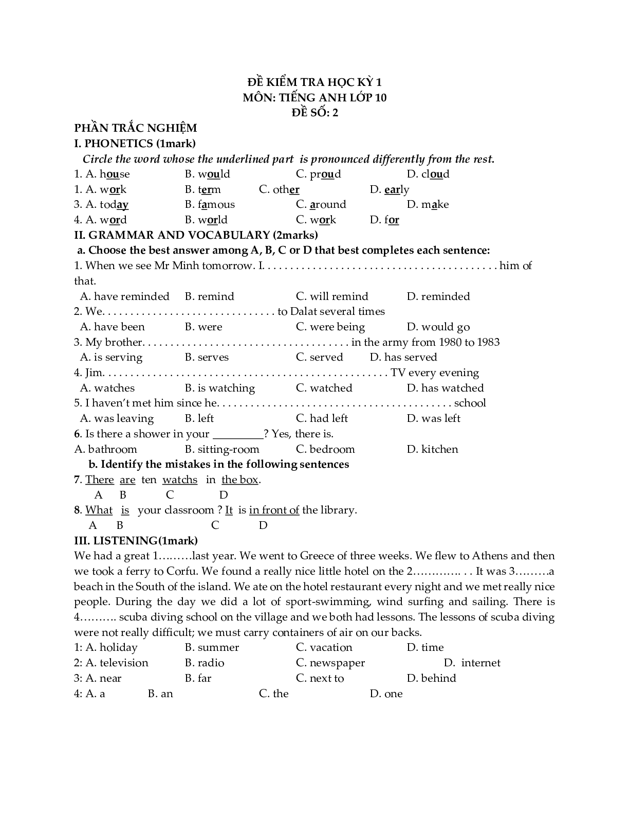 Đề kiểm tra Tiếng Anh 10 học kỳ 1 (có đáp án) (trang 3)