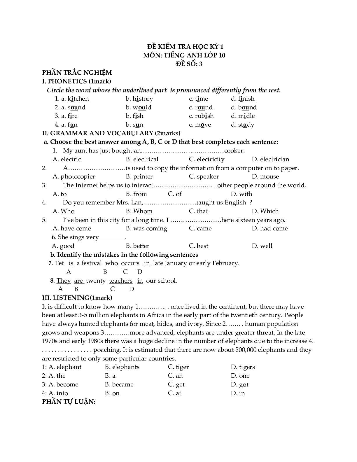 Đề kiểm tra Tiếng Anh 10 học kỳ 1 (có đáp án) (trang 5)