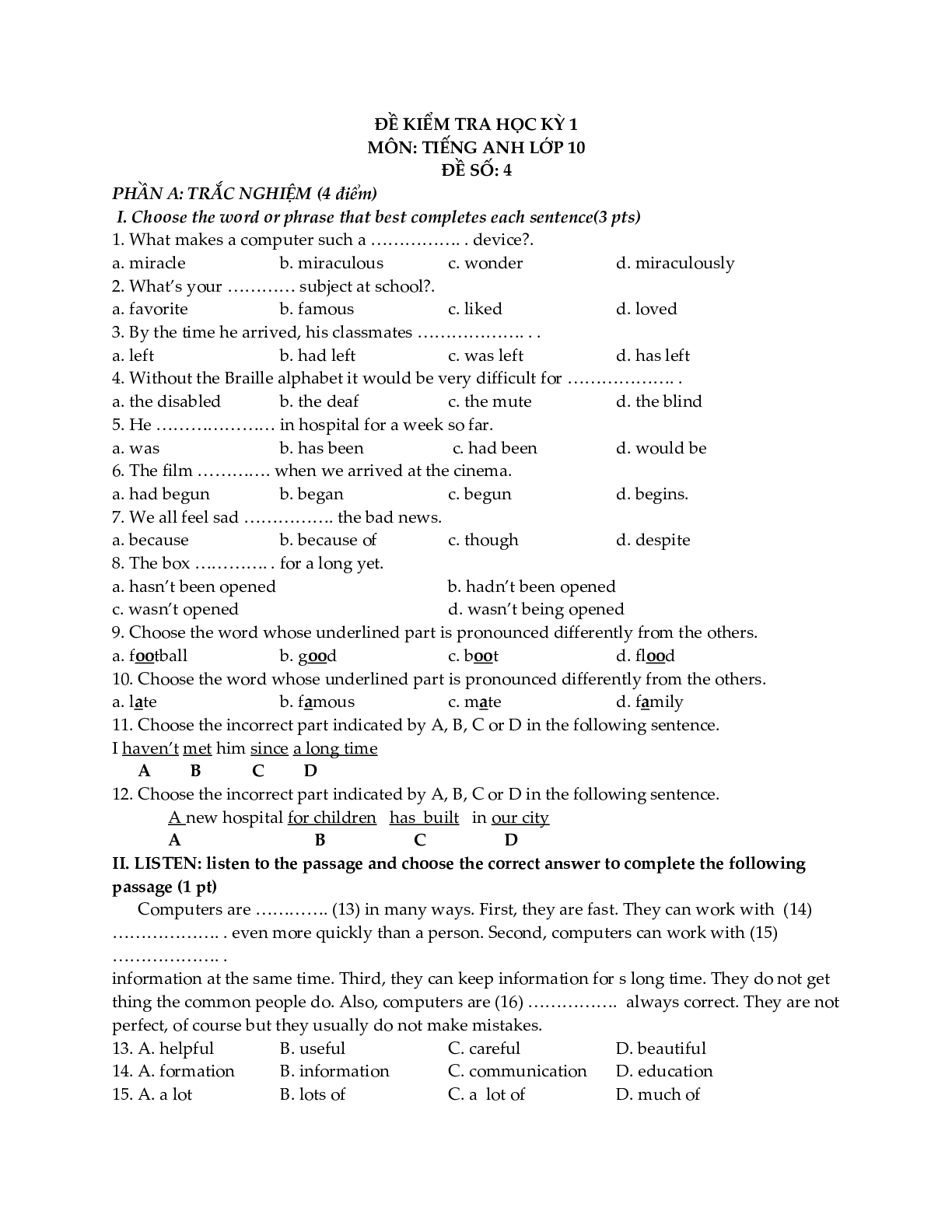 Đề kiểm tra Tiếng Anh 10 học kỳ 1 (có đáp án) (trang 7)