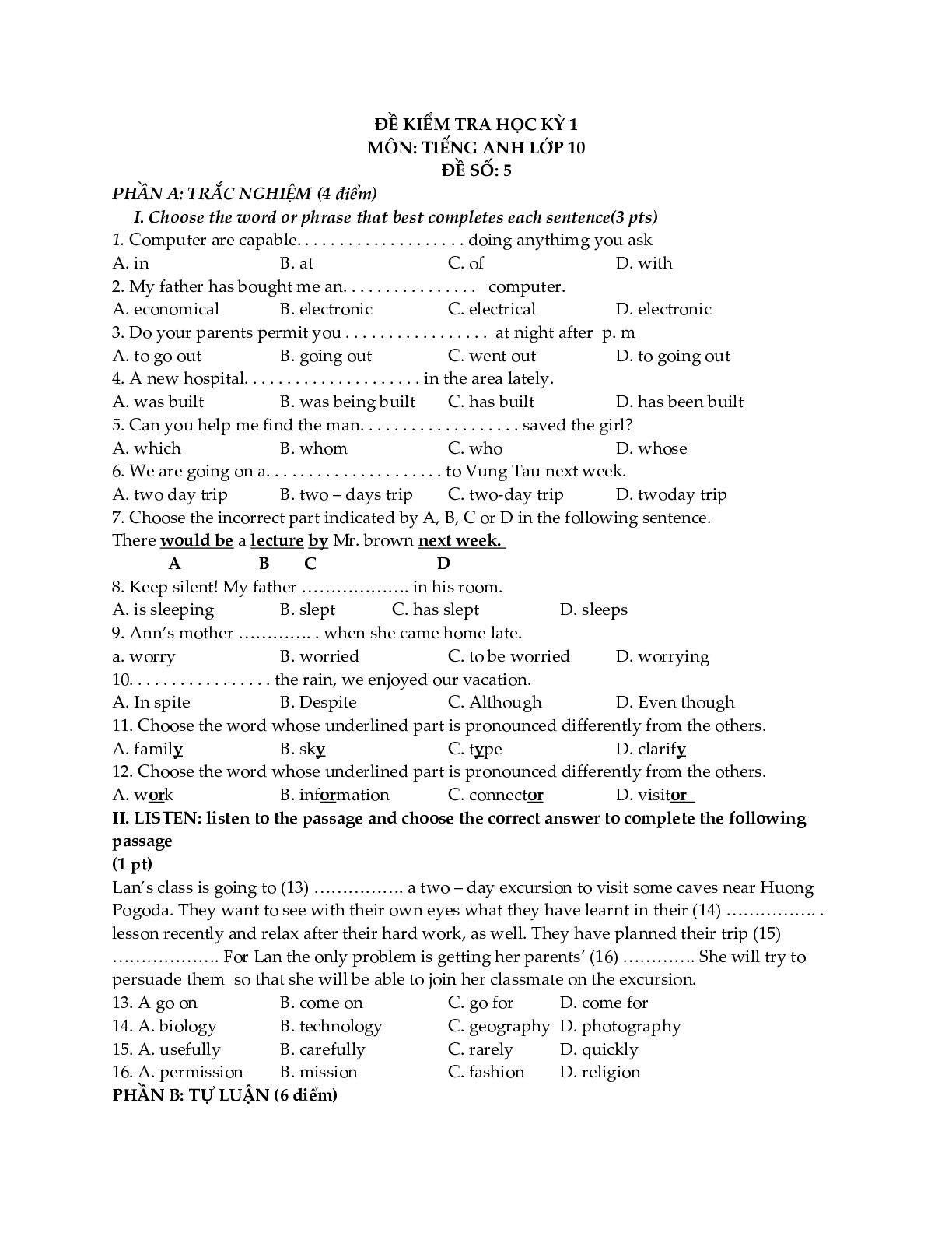 Đề kiểm tra Tiếng Anh 10 học kỳ 1 (có đáp án) (trang 9)