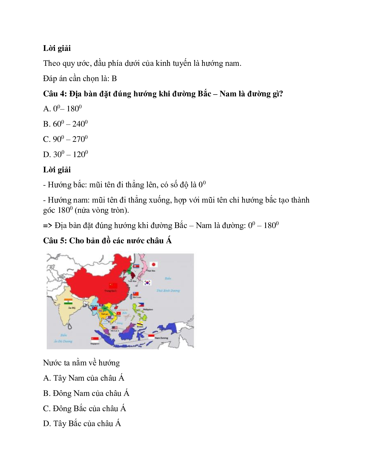 Trắc nghiệm Địa lí 6 Bài 4 có đáp án: Phương hướng trên bản đồ. Kinh độ, vĩ độ và tọa độ địa lí (trang 2)