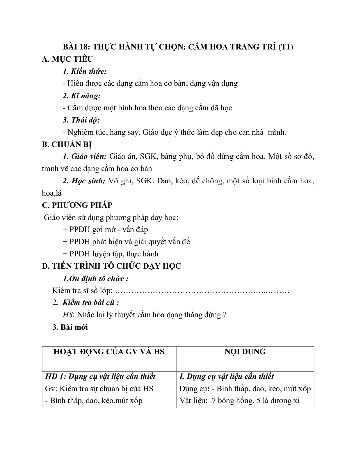 GIÁO ÁN CÔNG NGHỆ 6 BÀI 18: THỰC HÀNH TỰ CHỌN: CẮM HOA TRANG TRÍ (T1) MỚI NHẤT – CV5512 (trang 1)