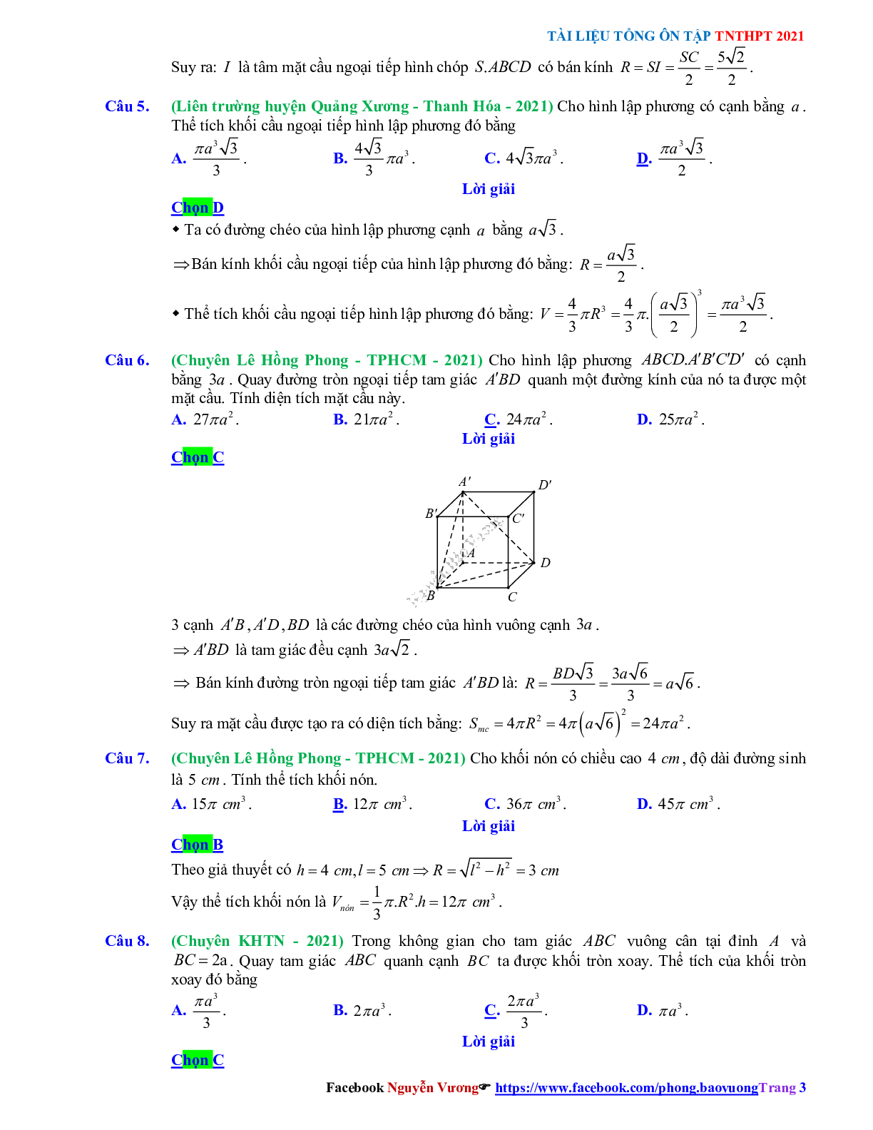 Trắc nghiệm Ôn thi THPT QG Toán 12: Đáp án khối tròn xoay mức độ thông hiểu (trang 3)