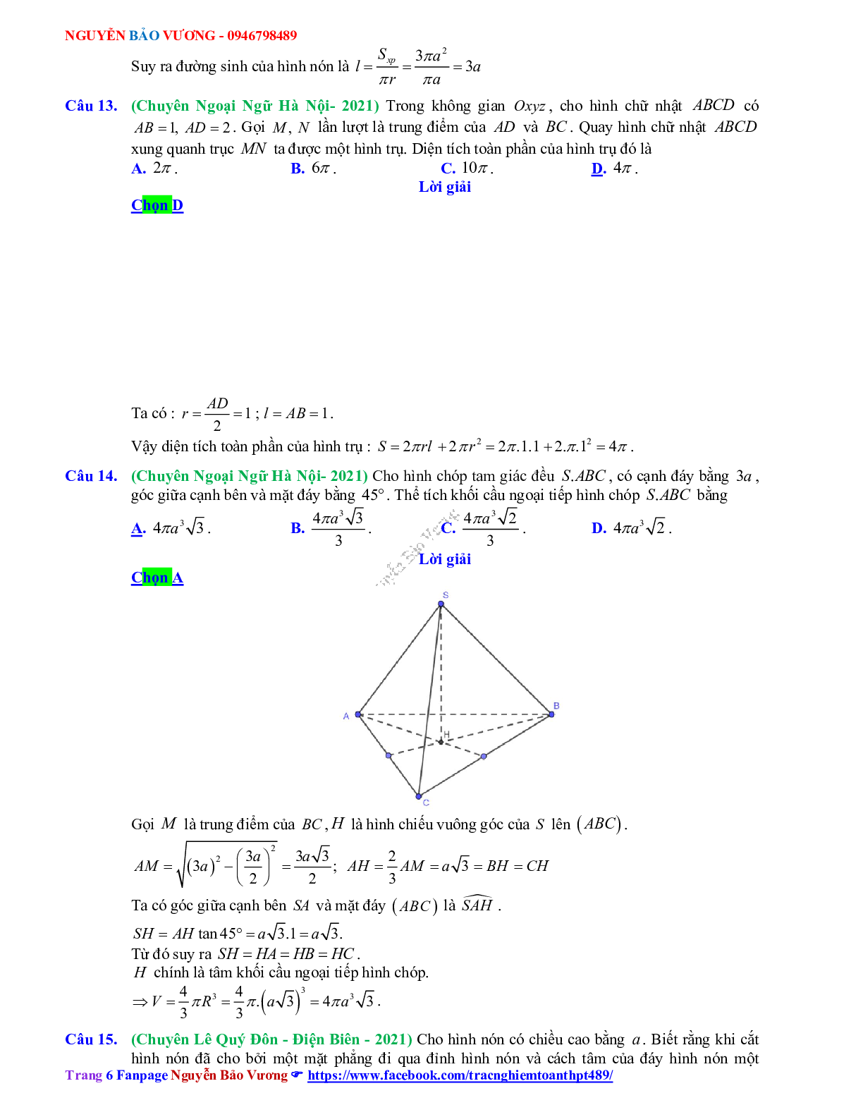 Trắc nghiệm Ôn thi THPT QG Toán 12: Đáp án khối tròn xoay mức độ thông hiểu (trang 6)