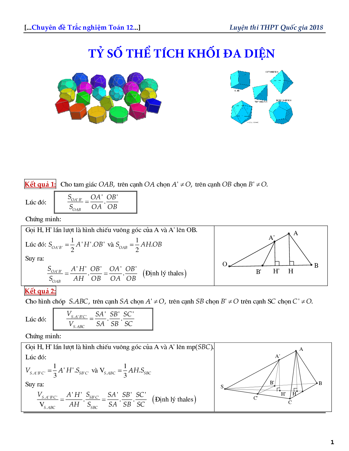 Bài tập về tỉ số thể tích khối đa diện (trang 1)