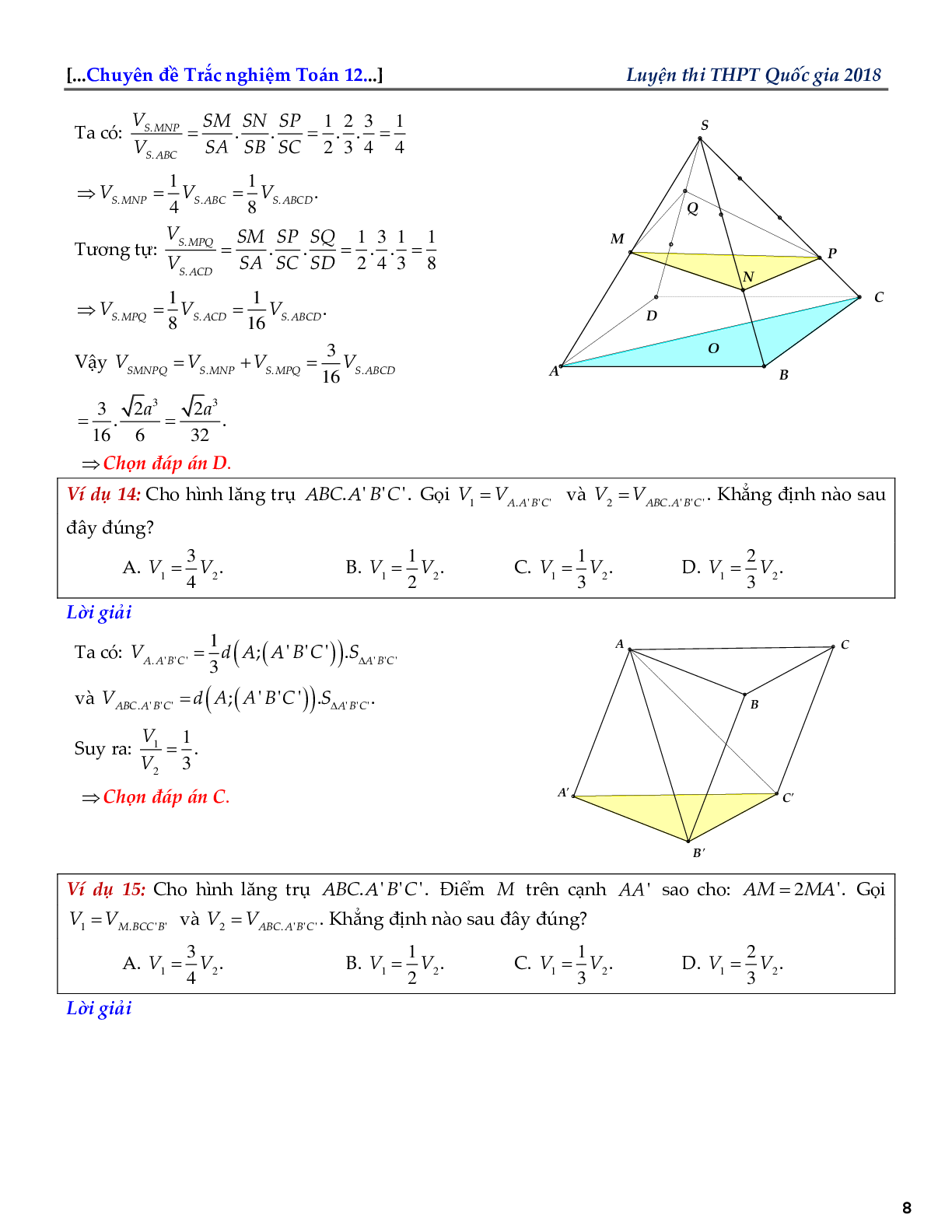 Bài tập về tỉ số thể tích khối đa diện (trang 8)