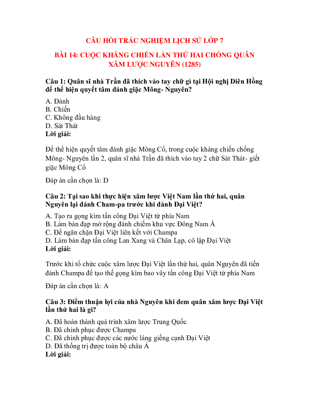 Trắc nghiệm Lịch sử 7 Bài 14 có đáp án: Ba lần chống quân Mông - Nguyên ( Thế kỉ XIII) - Phần 2 (trang 1)