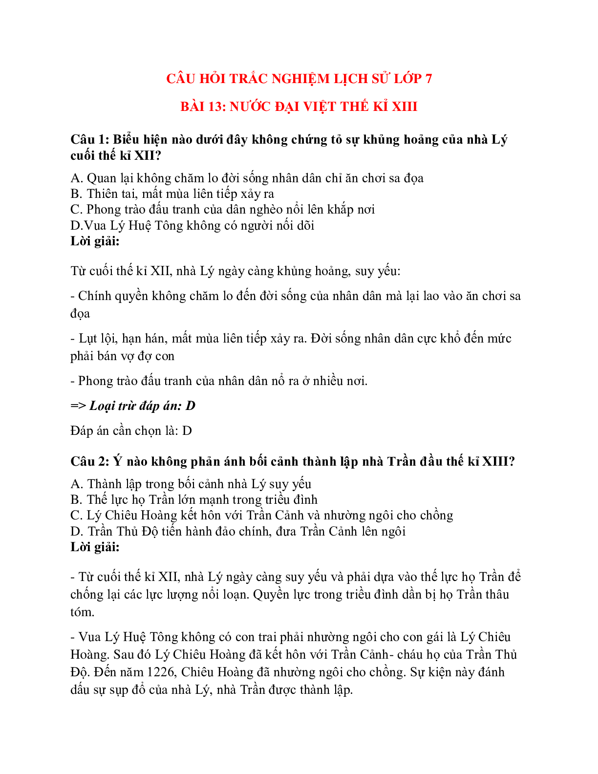 Trắc nghiệm Lịch sử 7 Bài 13 có đáp án: Nước Đại Việt thế kỉ XIII (trang 1)