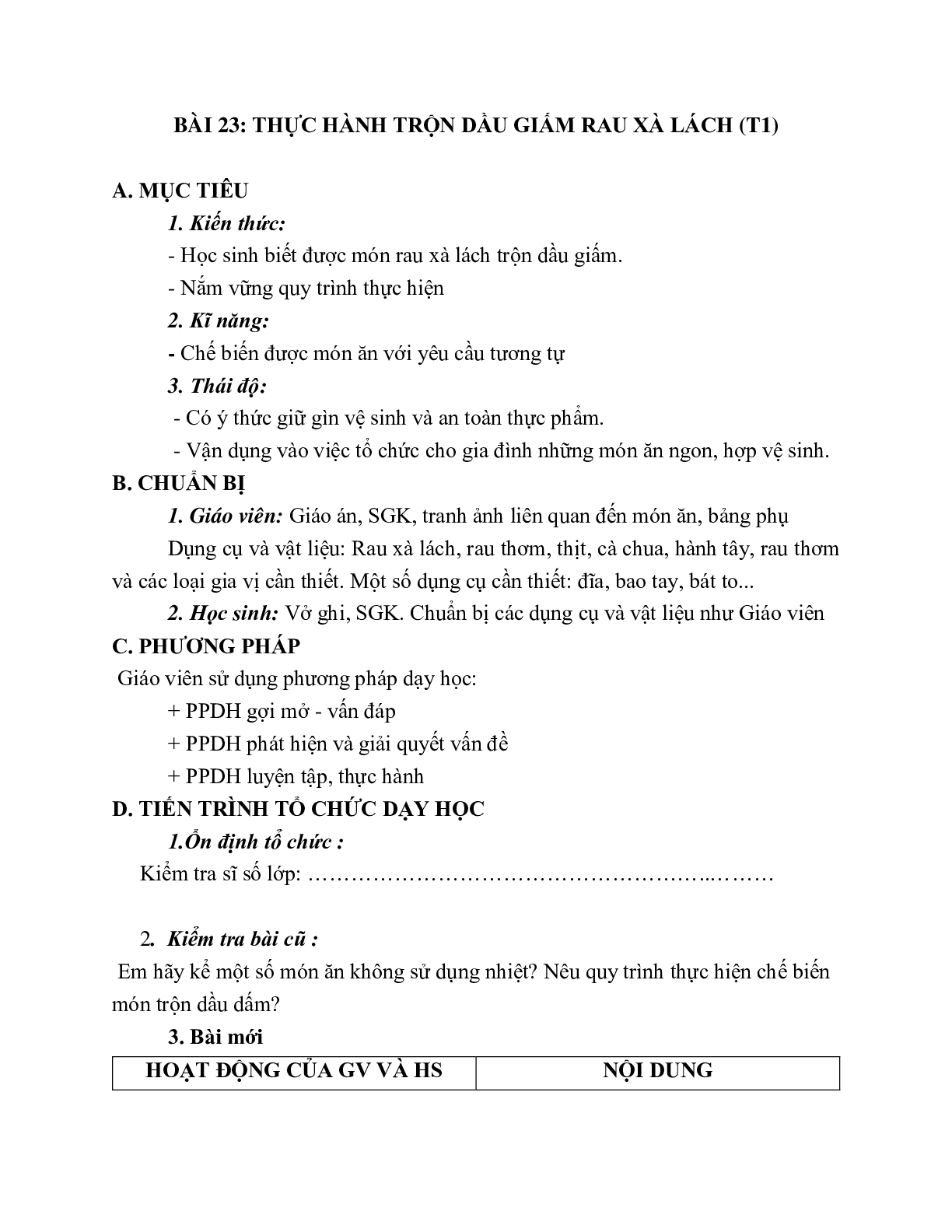 GIÁO ÁN CÔNG NGHỆ 6 BÀI 23: THỰC HÀNH TRỘN DẦU GIẤM RAU XÀ LÁCH (T1) MỚI NHẤT – CV5512 (trang 1)