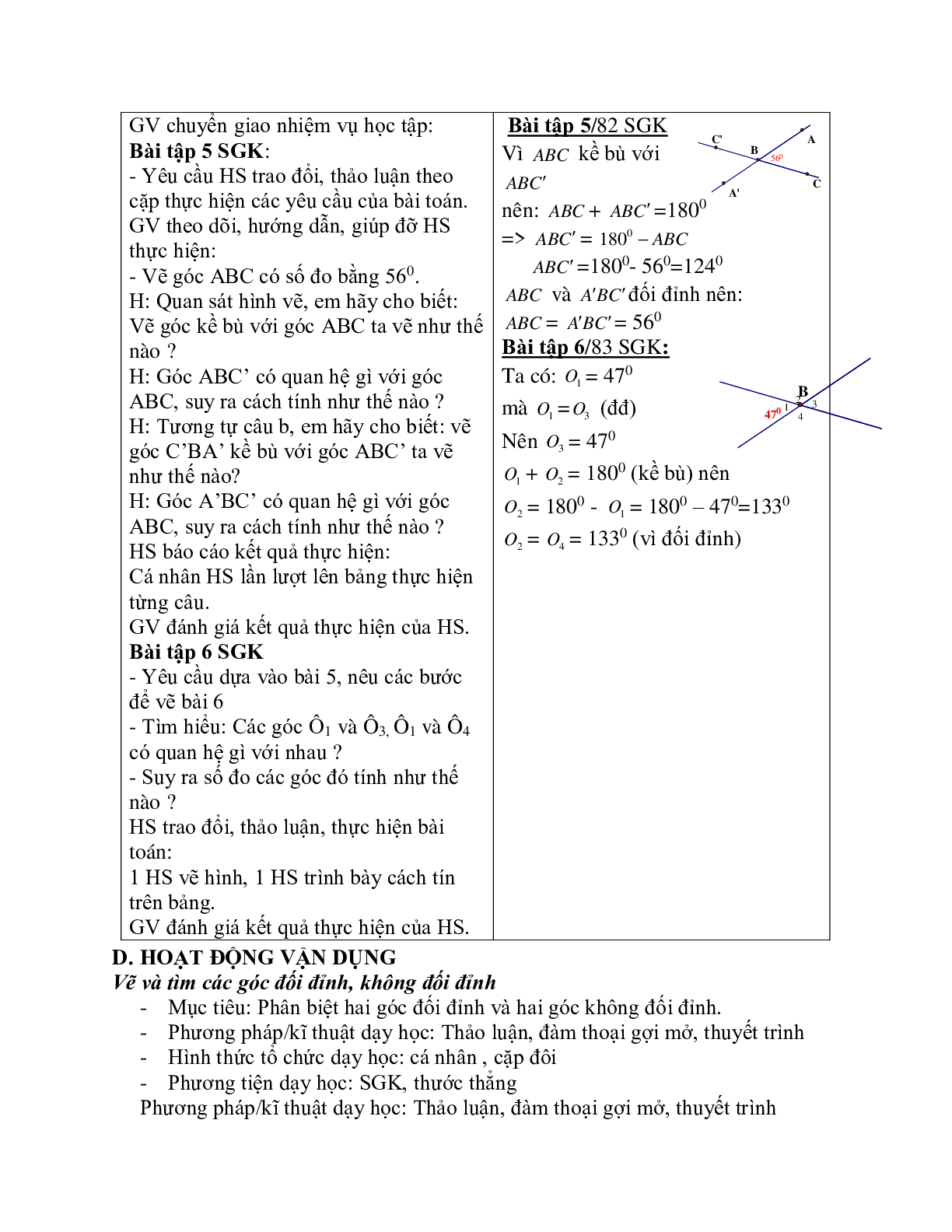 Giáo án Toán học 7 bài 1: Hai góc đối đỉnh chuẩn nhất (trang 6)