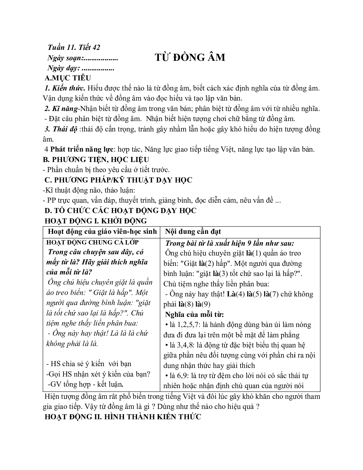 Giáo án ngữ văn lớp 7 Tuần 11 Tiết 42: Từ đồng âm mới nhất (trang 1)