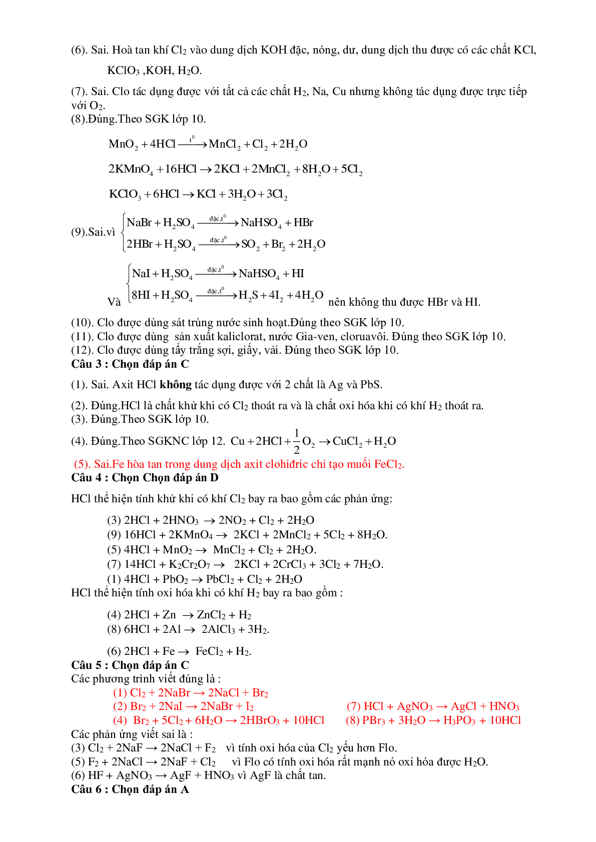 Câu hỏi trắc nghiệm lý thuyết chương Halogen, oxi lưu huỳnh,tốc độ phản ứng và cân bằng hóa học môn Hóa lớp 10 (trang 4)