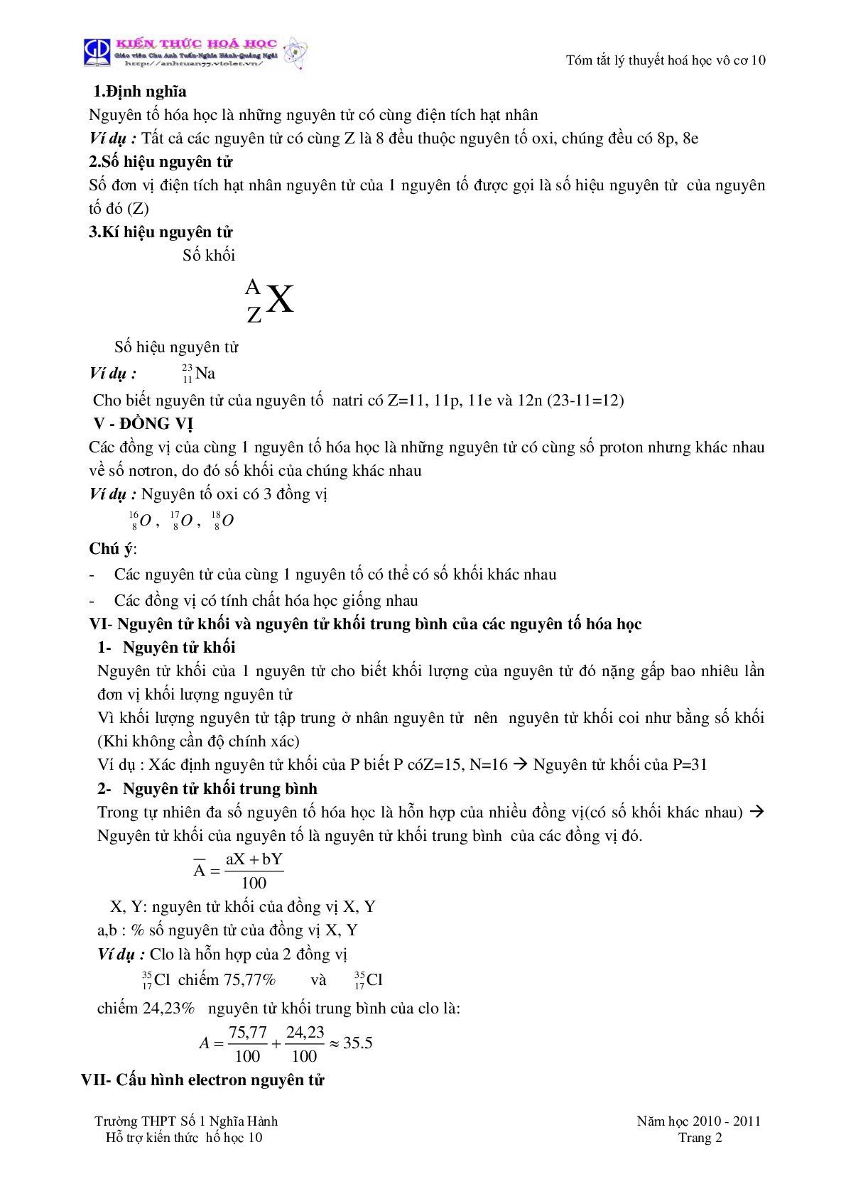 Tóm tắt lý thuyết môn Hóa Học lớp 10 (trang 2)