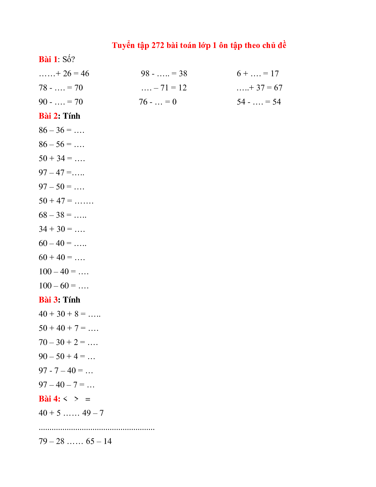 Tuyển tập 272 bài toán lớp 1 ôn tập theo chủ đề có đáp án, chọn lọc (trang 1)