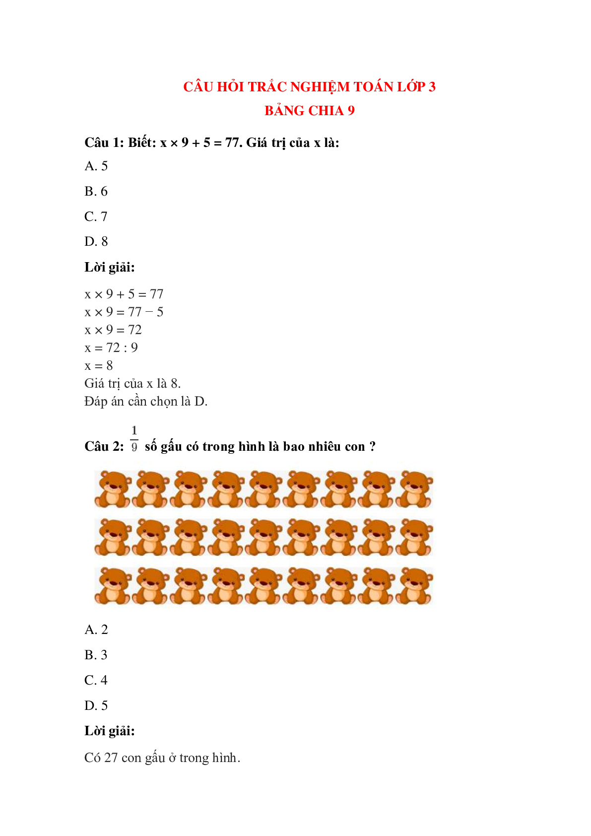 Trắc nghiệm Bảng chia 9 có đáp án – Toán lớp 3 (trang 1)