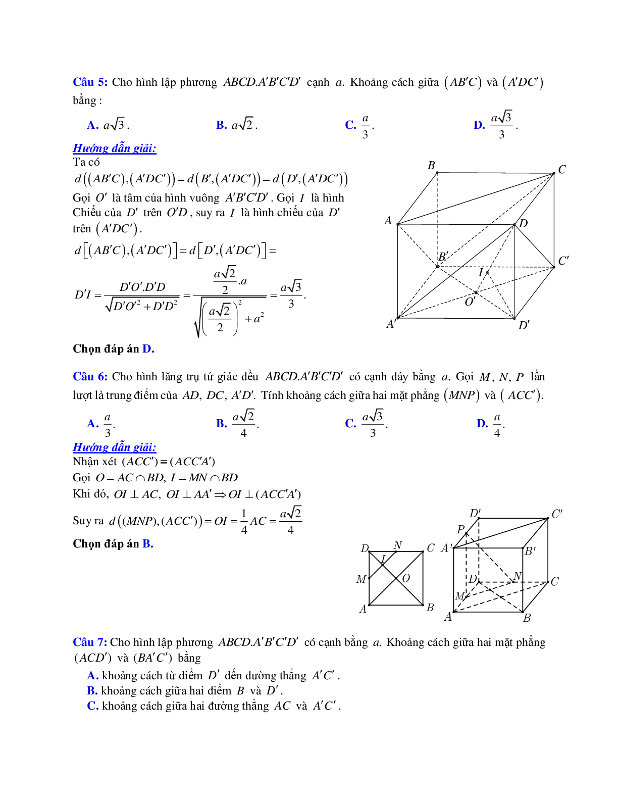Phương pháp giải và bài tập về Cách tính khoảng cách giữa hai mặt phẳng song song có đáp án (trang 3)