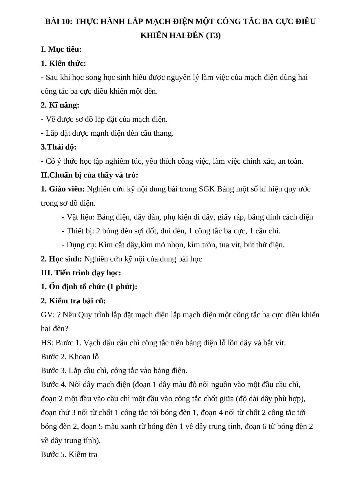 GIÁO ÁN CÔNG NGHỆ 9 BÀI 10: THỰC HÀNH LẮP MẠCH ĐIỆN MỘT CÔNG TẮC BA CỰC ĐIỀU KHIỂN HAI ĐÈN (T3) MỚI NHẤT (trang 1)