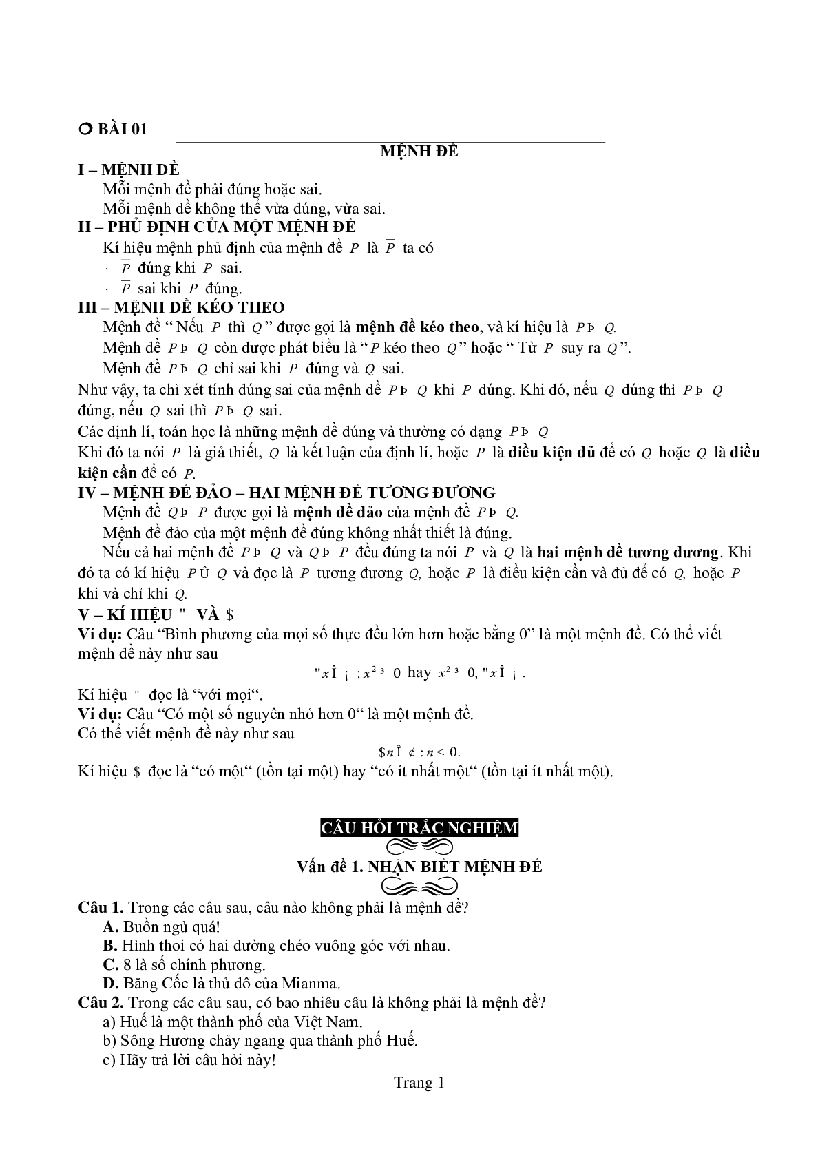 Chuyên đề Mệnh đề môn Toán lớp 10 có lời giải chi tiết (trang 1)