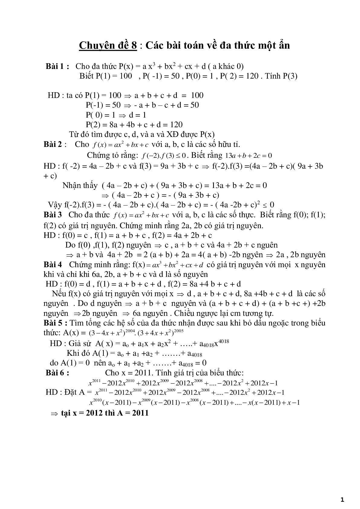 Chuyên đề 8 - Các bài toán về đa thức một ẩn - có đáp án (trang 1)
